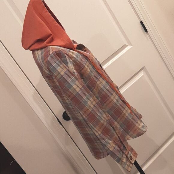 Hooded Button Down Shirt with Rust Hood and Rose Plaid - Picture 2 of 6
